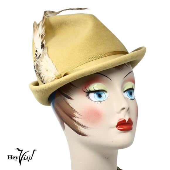 Vintage Mr John Hat 1960s Gold Felt Fedora Feather Plume Made in Italy - Hey Viv